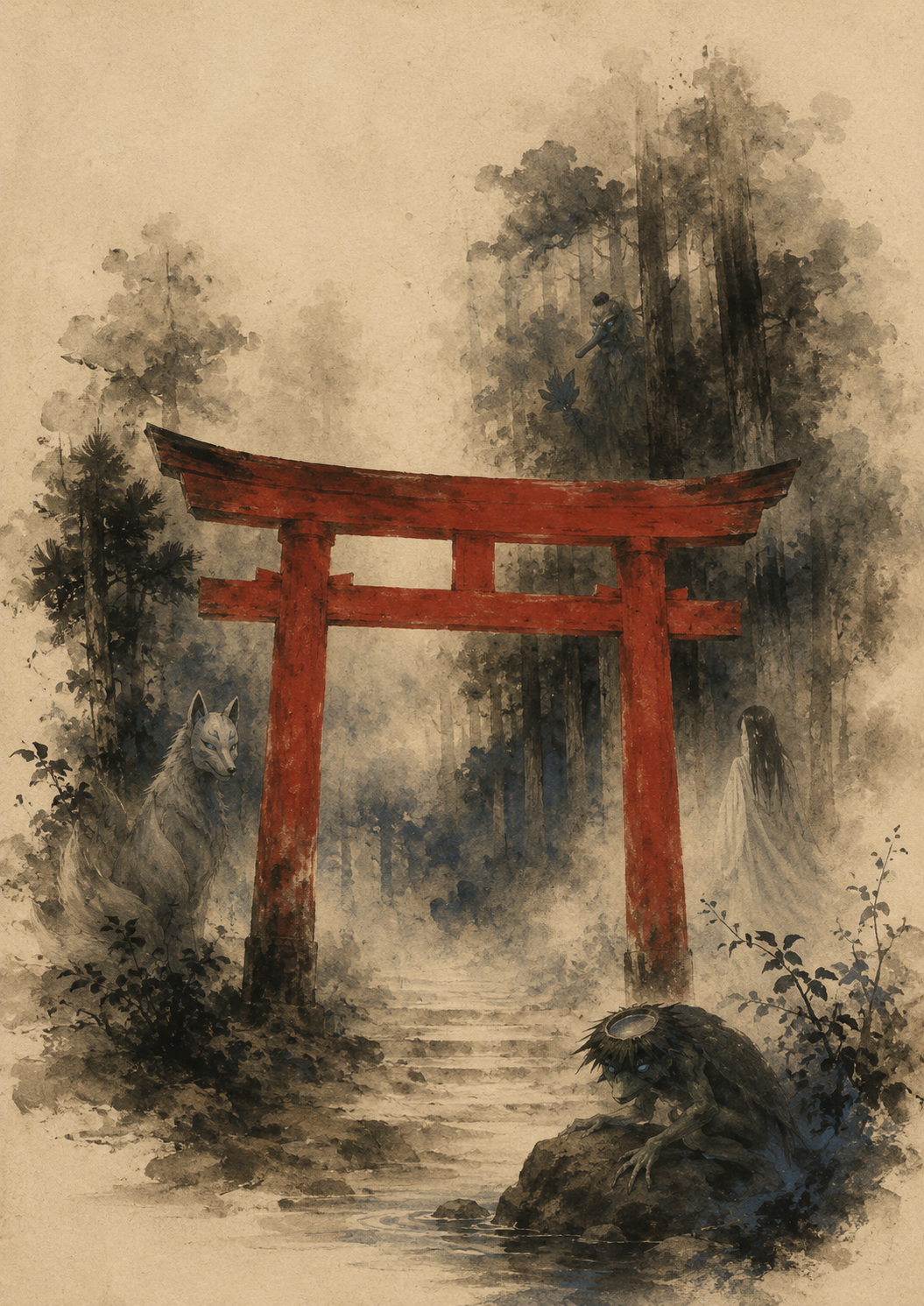 Torii gate in a misty forest with yōkai